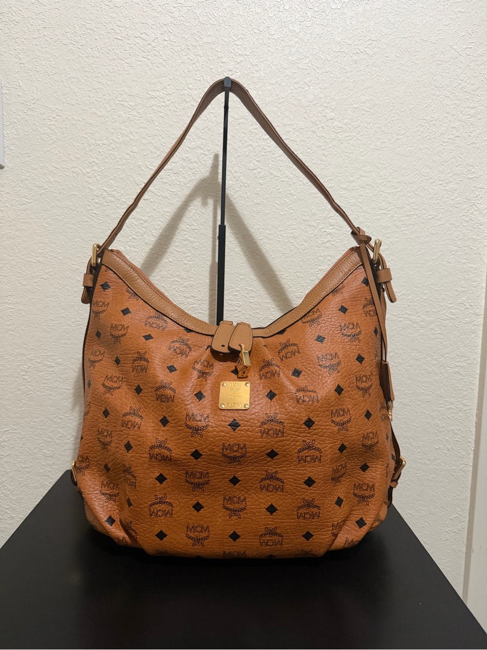 MCM Cognac Visetos Shoulder Hobo with Gold Plaque